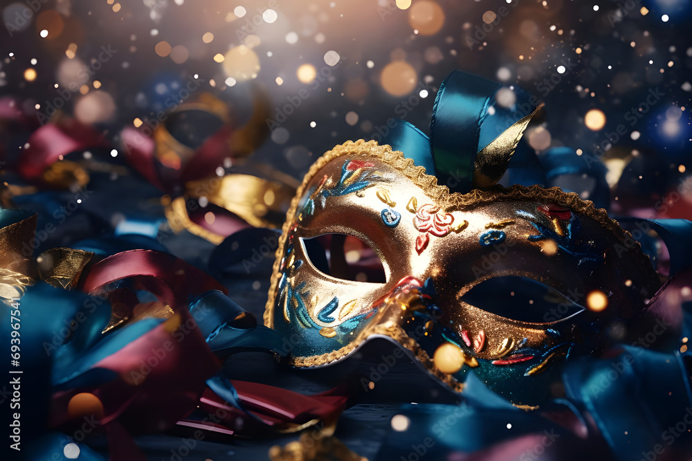 Brazilian Carnival People celebrating party with samba dancers in Venetian Mask, Circus-Ai Generated
