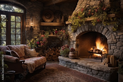 A rustic sitting area with a stone fireplace  adorned with dried flower arrangements and a plush area rug underfoot