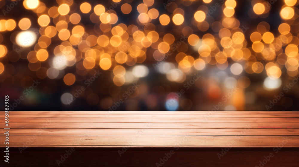 Empty wooden table on a blurred background with lights, garland. A place to place your product. Festive background in warm colors Empty wooden table on a blurred background with lights, garland. A place to place your product. Festive background in warm colors