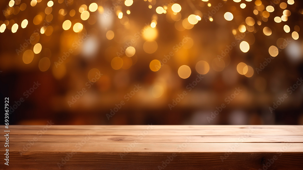 Empty wooden table on a blurred background with lights, garland. A place to place your product. Festive background in warm colors