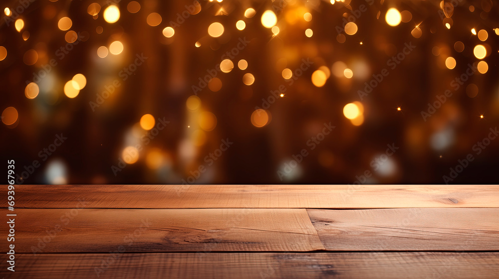 Empty wooden table on a blurred background with lights, garland. A place to place your product. Festive background in warm colors Empty wooden table on a blurred background with lights, garland. A place to place your product. Festive background in warm colors