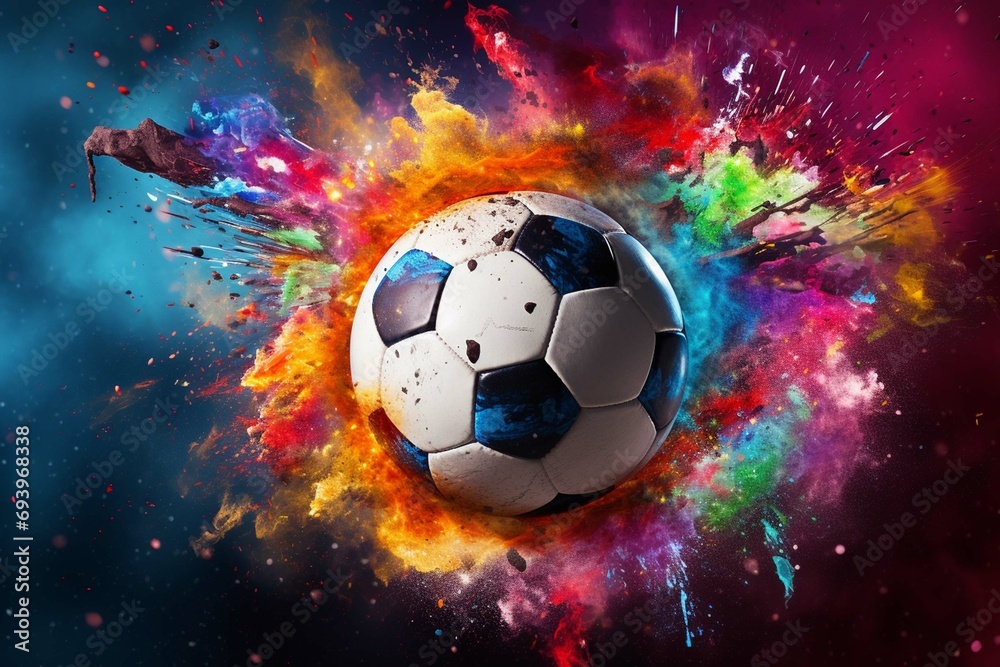Soccer ball bursting into colorful powder.