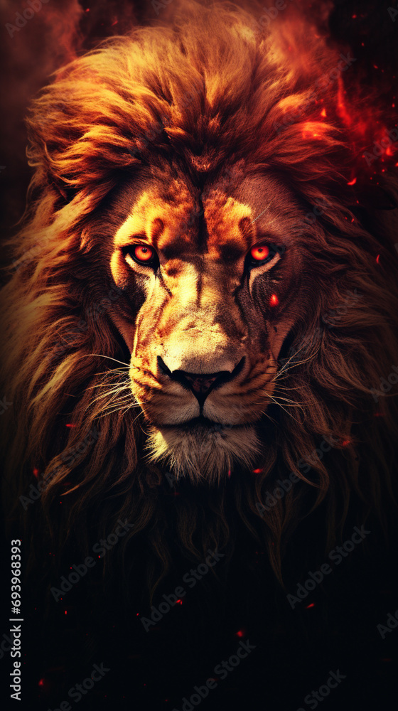 a portrait of a lion on a dark background, in the style of  dark gold and red