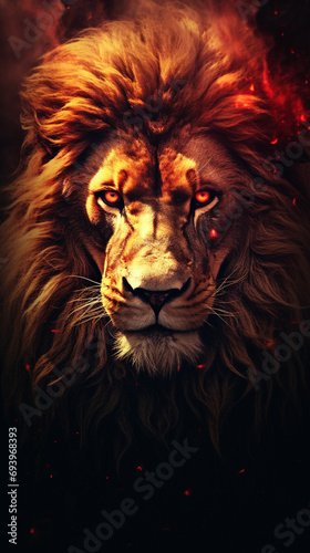 a portrait of a lion on a dark background  in the style of  dark gold and red