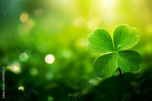 St Patricks Daz card close up of a shamrock leaf with festive green bokeh background