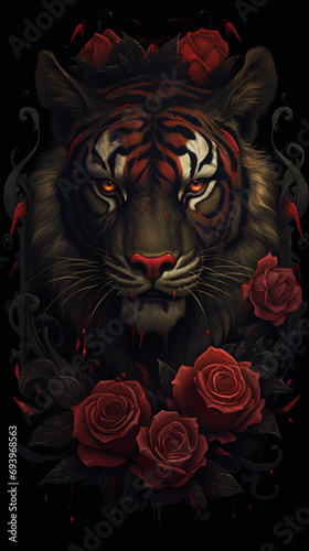 illustration of a tiger in red on black background and rose decorations