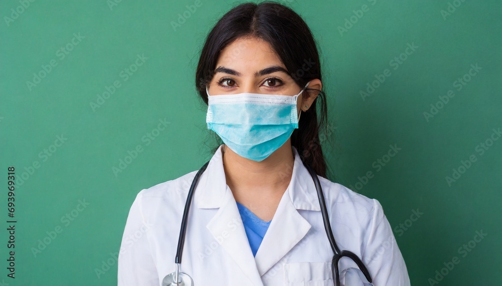 Doctor mask and corona virus protection isolated on a green background, text space Doctor mask and corona virus protection isolated on a green background, text space