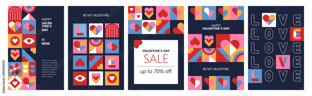 Valentine's day modern poster design in trendy geometrical style. Template for greeting cards, banner, social media and sale marketing