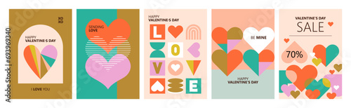 Valentine's day modern poster design in trendy geometrical style. Template for greeting cards, banner, social media and sale marketing