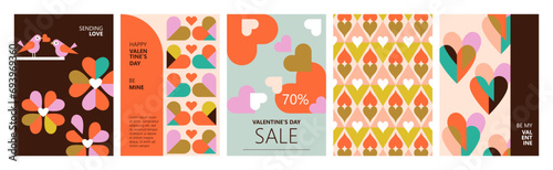 Valentine's day modern poster design in trendy geometrical style. Template for greeting cards, banner, social media and sale marketing
