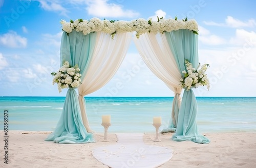 Beach Wedding Backdrop with White and Blue Curtains Open for Realistic Seascapes with Ocean Waves and Sunlit 




