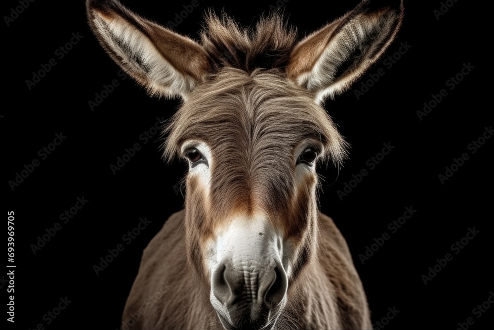 Close-up view of a donkey's face on a black background. Versatile image suitable for various uses