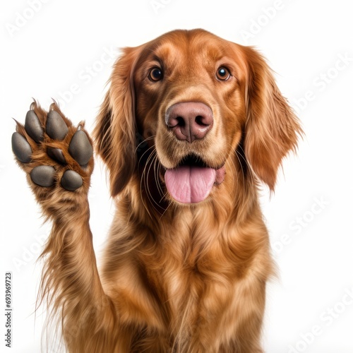 irish setter raising its paw to his owner on a white background