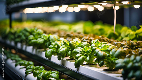 Lush Basil Plants Flourishing Under LED Lights in an Efficient Indoor Hydroponic Farm Setup