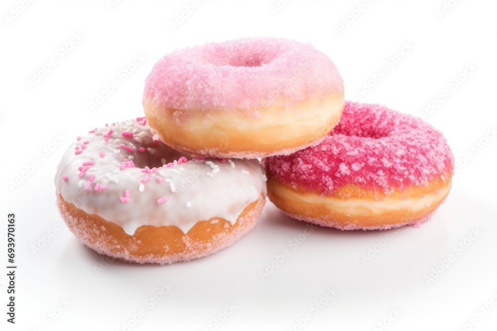 Three delicious donuts with pink and white sprinkles on a clean white surface. Perfect for bakery advertisements or food-related designs