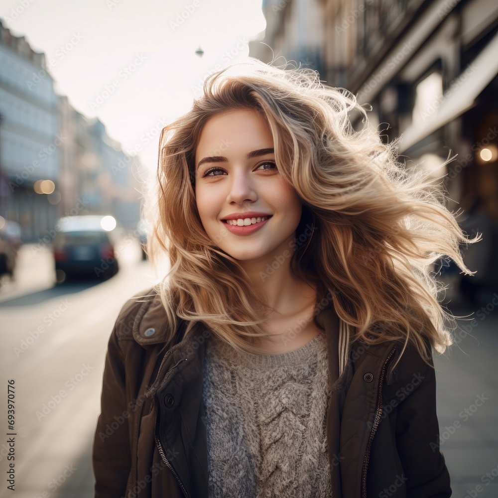 On a city street, a joyful, attractive young blonde woman On a city street, a joyful, attractive young blonde woman