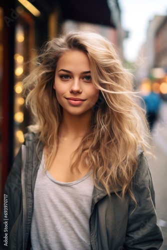 On a city street, a joyful, attractive young blonde woman