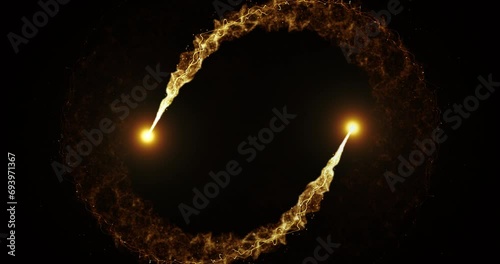 The flight of two meteors along bizarre intersecting trajectories. Firework. Fireballs with glowing tails. Abstract animation. photo