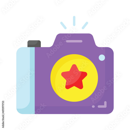 Photo camera with lens and button showing concept icon of photography in trendy style