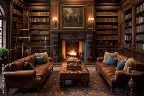 A classic library with rich mahogany shelves, leather-bound books, and a cozy fireplace, offering a timeless and sophisticated reading haven. © Naseem