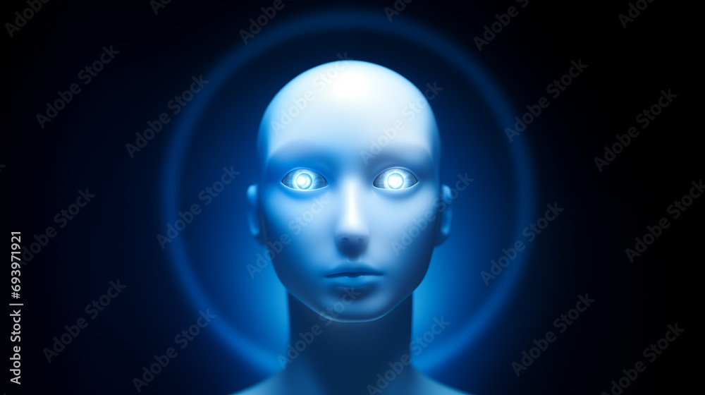 Portrait of a female blue android with bright eyes. Portrait of a female blue android with bright eyes.