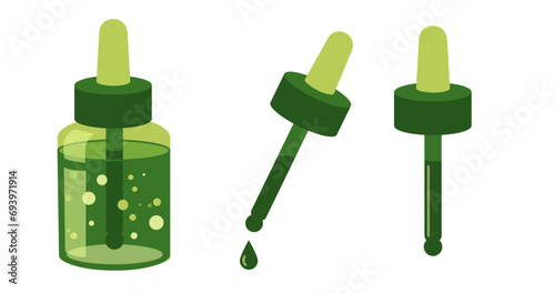 Dropper bottle with pipette isolated on white background. Simple vector graphics. Skin care green device: drops and a bottle of facial serum or oil. Cosmetic beauty product vector graphics.