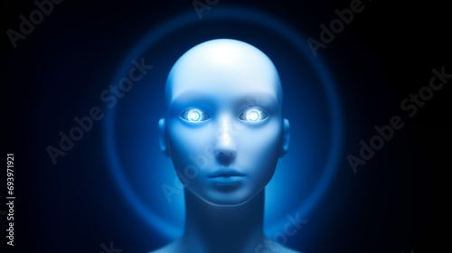 Portrait of a female blue android with bright eyes. 