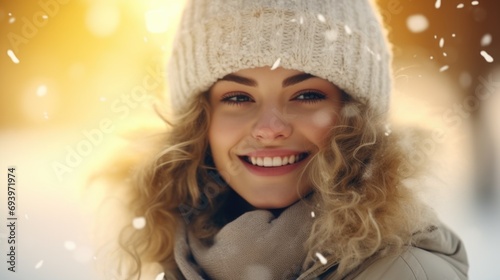 A woman wearing a hat and scarf in the snow. Perfect for winter-themed designs and cold weather concepts