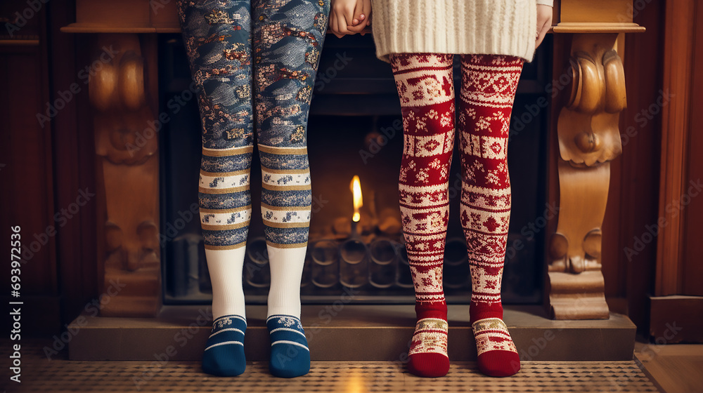 Girls standing in front of fireplace in winter sweaters wearing. Feet  in wool socks near fireplace