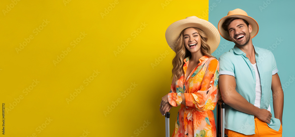 Fototapeta premium A man and a woman with suitcases, are prepared to embark on a vacation