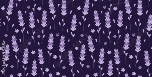 Lavender flowers seamless pattern on blue background. Provence herbs wallpaper. Medicinal plant for sleep and relaxation. Natural remedy and perfume aroma scent ingredient. 
