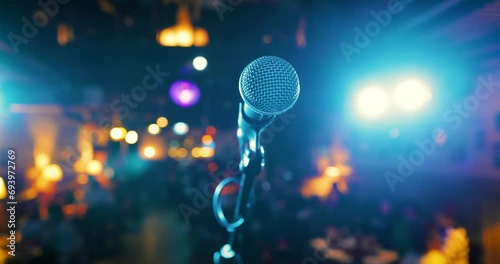 Microphone on stage against a background of auditorium. photo