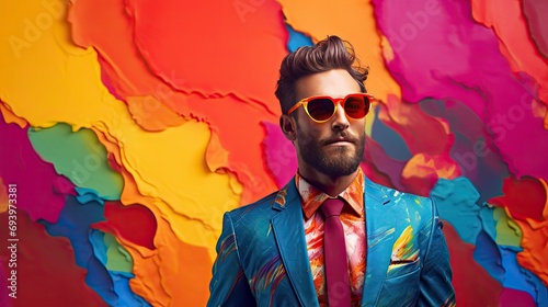 Fashionable man with colorful sunglasses on colorful background