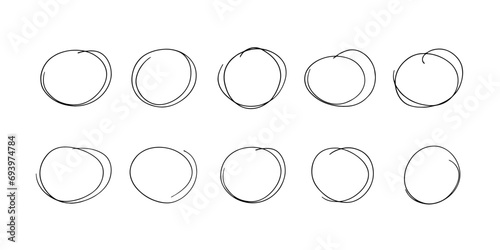 Circle pencil doodles for highlights. Black pen round sketches. Marker ring doodles. Set of hand drawn horizontal circles isolated on white background. Realistic vector