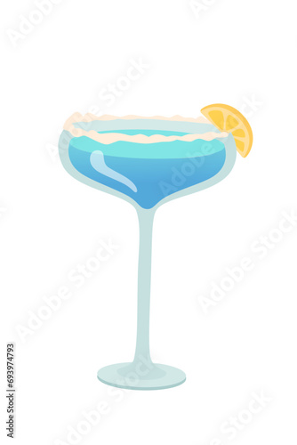 Glass of blue margarita cocktail with lemon cartoon vector illustration. Summer fresh tropical alcohol woman drink isolated on white background. Celebration with toasts and cheering. Party time.