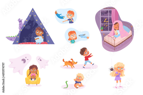 Kids fears vector illustration set. Children afraid. Scared boys and girls with childish phobias. Frightened cartoon characters. Children therapy. Kid psychologic support