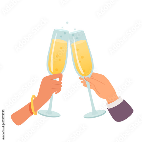 Woman and man hands with glasses of champagne vector illustration isolated on white background. Friends holding goblets with sparkling wine. People celebrating with toasts and cheering. Wedding