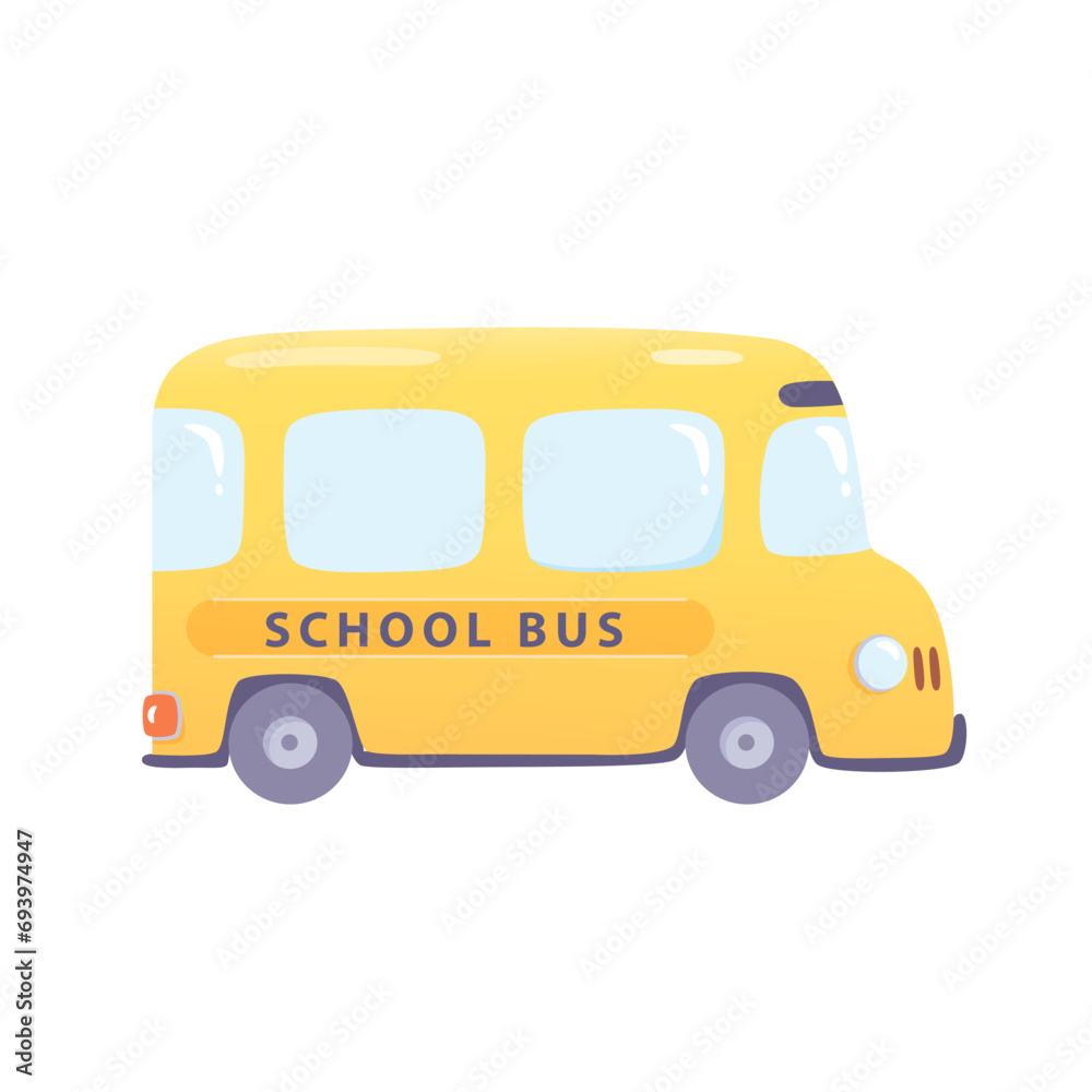 Cartoon yellow school bus vector illustration. Funny student transport isolated on white background. Happy children riding on autobus for education. Happy childhood. Welcome back to school concept