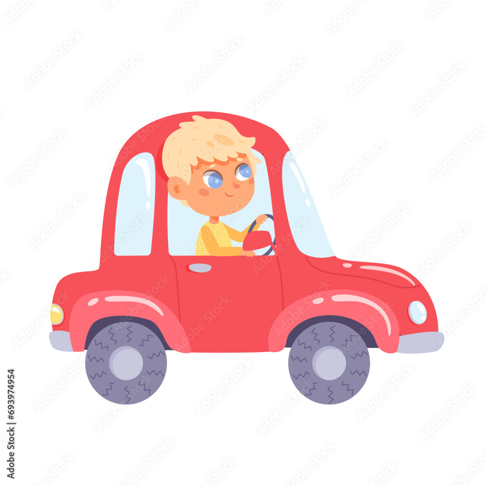 Cute kid car driver. Cartoon boy driving automobile isolated vector illustration. Toy vehicle with motor. Funny smiling chauffeur mini auto. Summer adventure. Travel time. Vacation trip