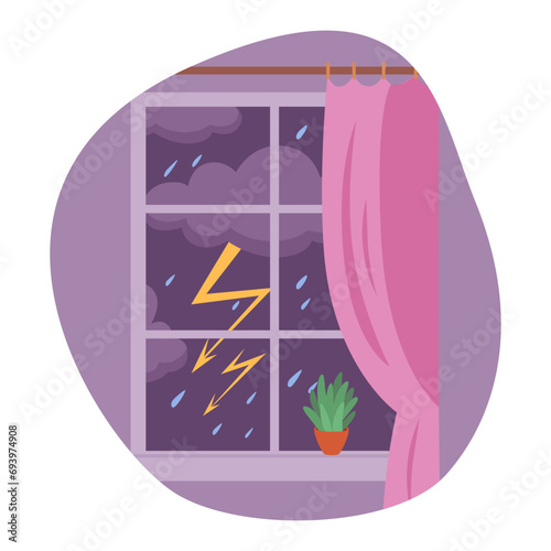 Rainy window thunderstorm, thunder and lightning night vector illustration. Rain, curtains, flower on windowsill. Bad autumn weather. Afraid of storm. Brontophobia