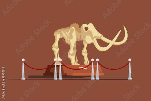 Paleontology museum with dinosaur fossils vector illustration. Cartoon paleontological exhibition with prehistoric mammoth skeleton. Historical artefacts and sculls on pedestals. Science concept