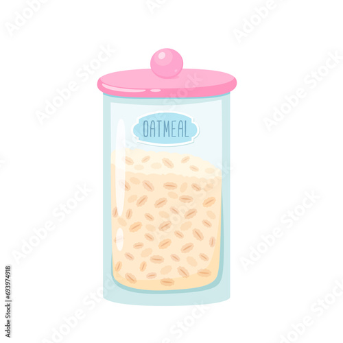 Oatmeal porridge container. Cereal porridge for breakfast. Oat food. Natural product. Healthy food concept. Cartoon vector illustration
