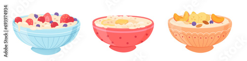 Oatmeal bowls with fruits vector illustration set. Cereal porridge for breakfast. Oat food. Natural product. Healthy food concept
