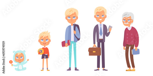 Man life cycle vector illustration set. Male stages of growth from newborn to old age. Boy grow up from baby to senior person. Cartoon human lifespan character. Gentlemen generation