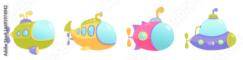 Collection of cartoon submarine vector illustration. Yellow, green, blue, pink cute sea kids toy. Colorful bathyscaphes with periscope and porthole isolated on white background. Kindergarten. Play