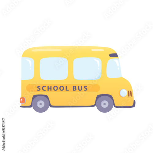 Cartoon yellow school bus vector illustration. Funny student transport isolated on white background. Happy children riding on autobus for education. Happy childhood. Welcome back to school concept