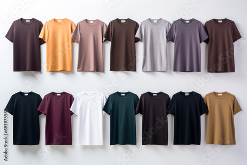 Monochromatic tee ensemble, a set of t-shirt mockups in various shades, neatly arranged on a minimalist display, showcasing versatility in color options.