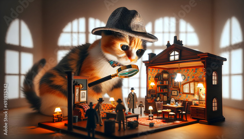 A photograph of a small calico cat wearing a detective hat and magnifying glass, investigating a miniature crime scene set inside a dollhouse photo