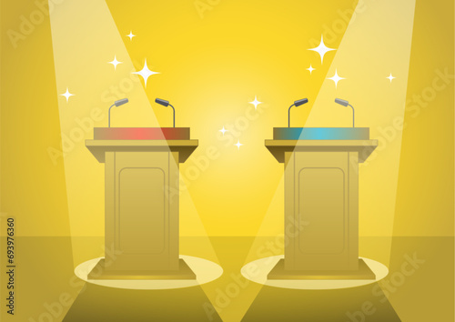 Two tribunes for debate on stage illuminated by floodlights