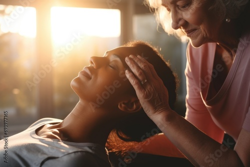 An older woman providing support and guidance to a young woman with her eyes closed. Suitable for illustrating mentorship, guidance, or trust in relationships